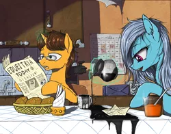 Size: 1200x942 | Tagged: safe, artist:madhotaru, derpibooru import, doctor horse, doctor stable, screw loose, pony, bed mane, bread, breakfast, coffee, drink, female, glasses, magic, male, mare, morning ponies, mug, newspaper, open mouth, orange juice, paper boat, papercraft, stallion