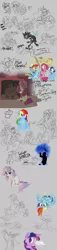 Size: 2000x8778 | Tagged: safe, artist:xenon, derpibooru import, angel bunny, apple bloom, applejack, discord, fluttershy, lyra heartstrings, minuette, nightmare moon, octavia melody, pinkie pie, princess luna, rainbow dash, rarity, scootaloo, spike, sweetie belle, twilight sparkle, vinyl scratch, oc, changeling, ghost, original species, pony, snake pony, banana pony, blood, cutie mark crusaders, egg, fire, lyre, mane seven, mane six, measuring tape, rope, silly, silly pony, sketch dump, tongue out, upside down