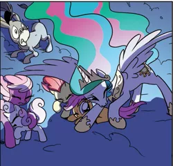 Size: 549x528 | Tagged: safe, derpibooru import, idw, apple bloom, cheerilee, cranky doodle donkey, princess celestia, scootaloo, sweetie belle, alicorn, donkey, earth pony, pegasus, pony, unicorn, spoiler:comic, spoiler:comic07, ethereal mane, female, filly, foal, mare, momlestia, official comic, protecting