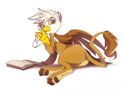 Size: 1150x865 | Tagged: safe, artist:science fox, derpibooru import, gilda, gryphon, book, glasses, looking back, paws, plot, raised paw, reading, side, simple background, solo, white background