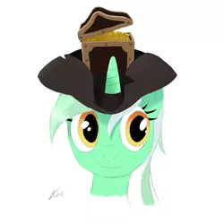 Size: 800x800 | Tagged: safe, artist:kasaler, derpibooru import, lyra heartstrings, pony, unicorn, bust, chest, female, hat, mare, pirate, pirate hat, portrait, simple background, smiling, solo, team fortress 2, treasure chest, tricorne, white background