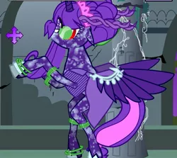 Size: 605x540 | Tagged: safe, derpibooru import, oc, oc:aurora blaze, unofficial characters only, alicorn, pony, pony creator, abomination, alicorn oc, clusterfuck, donut steel, glow rings, purple, solo, wat