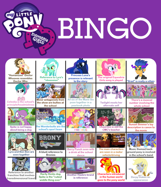 Size: 781x909 | Tagged: safe, derpibooru import, apple bloom, applejack, berry punch, berryshine, cheerilee, derpy hooves, doctor whooves, fluttershy, octavia melody, pinkie pie, princess celestia, princess luna, rainbow dash, rarity, spike, sunset shimmer, time turner, twilight sparkle, dog, pony, equestria girls, bingo, doctor who, equestria girls logo, mane seven, mane six, self ponidox, selfcest, spike the dog, toy