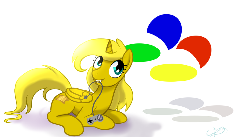 Size: 1200x705 | Tagged: safe, artist:cytwex, derpibooru import, oc, oc:ticket, unofficial characters only, alicorn, pony, alicorn oc, controller, horn, nintendo, solo, super nintendo, wings