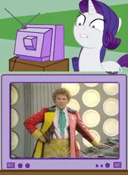 Size: 563x771 | Tagged: colin baker, derpibooru import, doctor who, exploitable meme, fashion disaster, meme, rarity, safe, sixth doctor, tacky, the explosion in a rainbow factory, tv meme