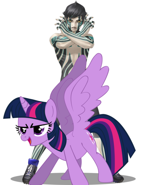 Size: 1250x1580 | Tagged: safe, artist:flutterflyraptor, artist:kazuma kaneko, derpibooru import, twilight sparkle, twilight sparkle (alicorn), alicorn, pony, crossover, demi-fiend, female, hitoshura, male, mare, megami tensei, naoki kashima, nocturne, shin megami tensei, shin megami tensei: nocturne