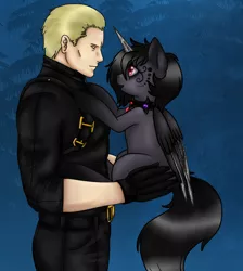 Size: 600x671 | Tagged: safe, artist:midnight-estelle, derpibooru import, oc, unofficial characters only, alicorn, human, pony, albert wesker, alicorn oc, holding a pony, resident evil