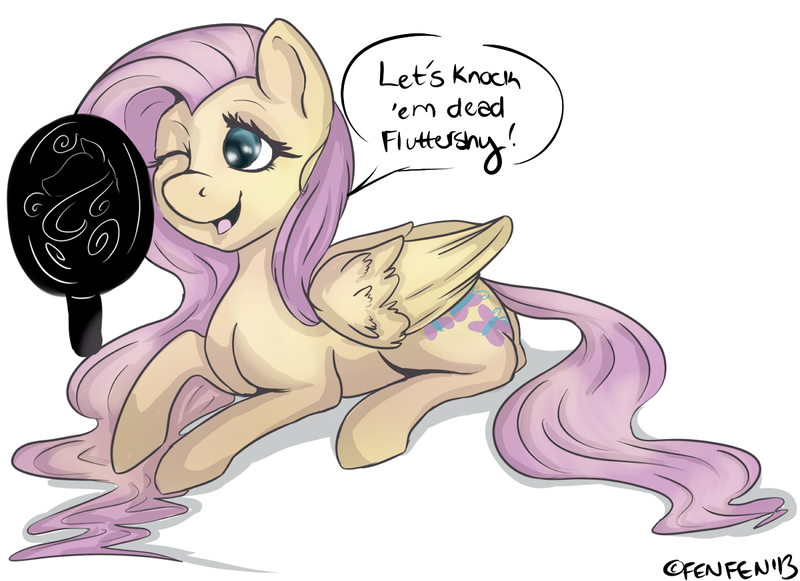 Size: 1200x872 | Tagged: safe, artist:fen-fen, derpibooru import, fluttershy, mirror, open mouth, prone, smiling, solo, wink