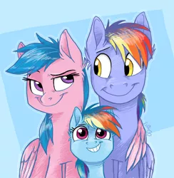 Size: 1879x1923 | Tagged: safe, artist:graystripe64, derpibooru import, firefly, rainbow blaze, rainbow dash, pegasus, pony, bedroom eyes, dreamworks face, family, family photo, female, filly, fireblaze, firefly as rainbow dash's mom, foal, g1, g1 to g4, g4, generation leap, happy, hug, male, mare, parent, shipping, smiling, stallion, straight, winghug, younger