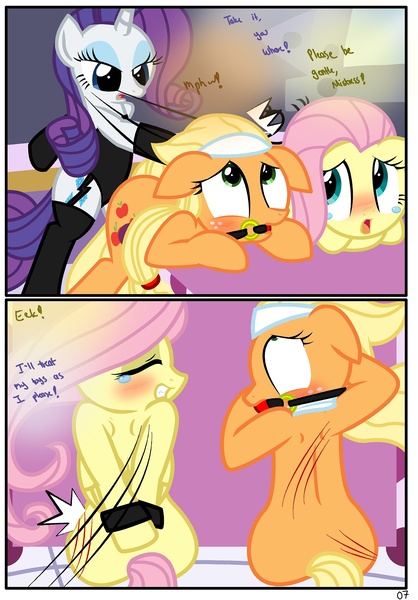 Size: 1741x2500 | Tagged: semi-grimdark, suggestive, artist:pyruvate, derpibooru import, applejack, fluttershy, rarity, earth pony, pegasus, pony, unicorn, comic:the usual, comic:the usual part 3, applesub, ballgag, bend over, bipedal, blood, blushing, bondage, cat o' ninetails, comic, crying, dialogue, female, femdom, femsub, fluttersub, gag, image, jpeg, lesbian, mistress, raridom, s&m, sadism, sexy, sinfully sexy, spa pony applejack, submissive, whip, whip marks