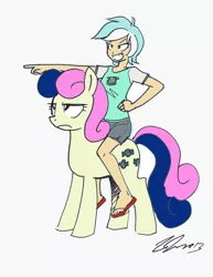 Size: 10200x13200 | Tagged: safe, artist:johnjoseco, artist:smg-73, derpibooru import, bon bon, lyra heartstrings, sweetie drops, human, absurd resolution, bon bon is not amused, clothes, female, humanized, humans riding ponies, lesbian, lyrabon, pointing, riding, sandals, shipping, simple background, smiling, unamused, white background