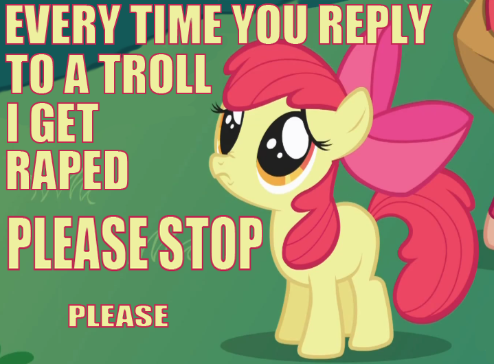 Size: 719x530 | Tagged: apple bloom, caption, derpibooru import, edit, edited screencap, foalcon, friendship is magic, image macro, implied rape, questionable, screencap, semi-grimdark, troll