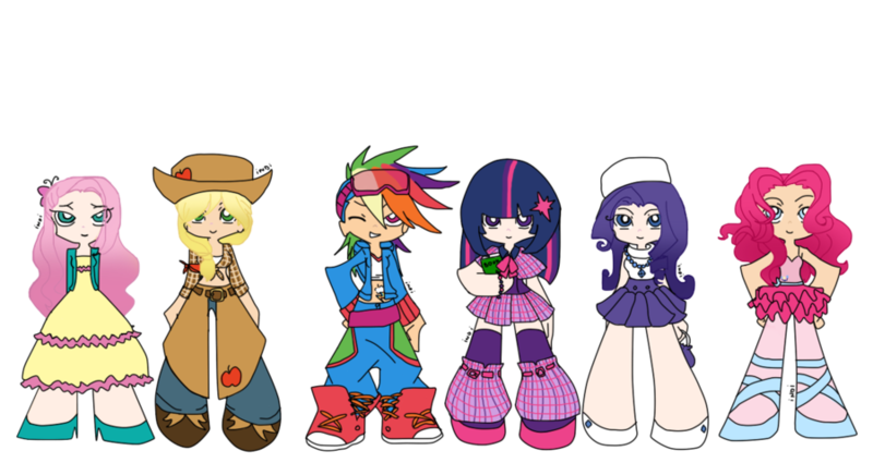 Size: 900x490 | Tagged: applejack, artist:ladycarroll, derpibooru import, fluttershy, humanized, line-up, mane six, panty and stocking with garterbelt, pinkie pie, rainbow dash, rarity, safe, style emulation, twilight sparkle