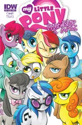 Size: 988x1500 | Tagged: safe, artist:andypriceart, derpibooru import, idw, berry punch, berryshine, bon bon, carrot top, derpy hooves, doctor whooves, golden harvest, lyra heartstrings, minuette, octavia melody, roseluck, sweetie drops, time turner, vinyl scratch, pegasus, pony, andy you magnificent bastard, background pony, background six, background ten, cover, female, mare, red eyes, wrong eye color