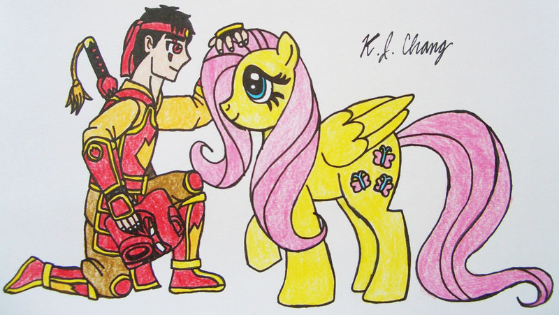 Size: 941x531 | Tagged: artist:stealthninja5, bionicle, crossover, derpibooru import, fluttershy, human, kanohi hau, lego, safe, tahu, traditional art