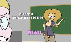 Size: 500x300 | Tagged: suggestive, artist:slavedemorto, derpibooru import, oc, oc:backy, oc:themessengerboy, unofficial characters only, human, equestria girls, animated, breasts, buttology, chalkboard, classroom, cleavage, equestria girls-ified, female, glasses, humanized