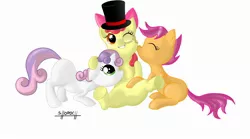 Size: 2500x1394 | Tagged: apple bloom, artist:shoroch, dapper, dapper bloom, derpibooru import, filly, hat, kissing, monocle, safe, scootaloo, sweetie belle, top hat