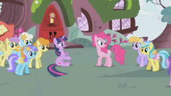 Size: 672x378 | Tagged: safe, derpibooru import, screencap, amethyst star, carrot top, diamond mint, drizzle, golden harvest, lemony gem, parasol, pinkie pie, sea swirl, seafoam, serena, twilight sparkle, earth pony, pony, unicorn, the ticket master, animated, blinking, door, eyes, female, looking at you, mare, on back, out of context, reversed, sitting, unicorn twilight