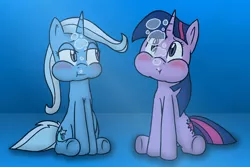 Size: 1800x1200 | Tagged: artist:jakethespy, bubble, colors:crowley, derpibooru import, holding breath, puffy cheeks, safe, trixie, twilight sparkle, underwater, vote