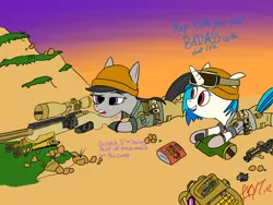 Size: 1600x1200 | Tagged: safe, artist:illkillyoutoo, derpibooru import, octavia melody, vinyl scratch, earth pony, pony, unicorn, ar15, comic, female, gun, hooves, horn, lying down, mare, military, open mouth, optical sight, rifle, sniper, sniper rifle, teeth, text, weapon
