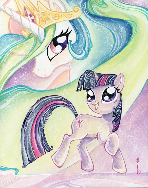 Size: 1255x1600 | Tagged: artist:sararichard, derpibooru import, princess celestia, safe, traditional art, twilight sparkle