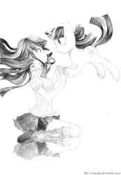 Size: 674x972 | Tagged: safe, artist:tsurukinoki, derpibooru import, twilight sparkle, pony, duality, grayscale, human ponidox, humanized, monochrome