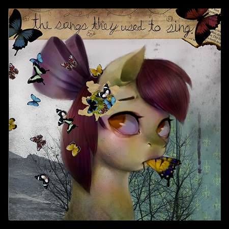 Size: 450x450 | Tagged: apple bloom, artist:crookedtrees, butterfly, derpibooru import, grimdark