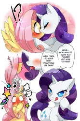 Size: 700x1056 | Tagged: suggestive, artist:zakro, derpibooru import, fluttershy, rarity, bedroom eyes, blushing, comic, drool, drool string, embarrassed, female, flarity, implied flutterdash, japanese, kissing, lesbian, licking lips, looking back, open mouth, pixiv, shipping, smiling, spread wings, surprise kiss, surprised, tongue out, translation, wide eyes