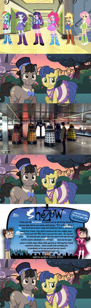 Size: 944x3190 | Tagged: safe, derpibooru import, applejack, doctor whooves, fluttershy, masquerade, pinkie pie, rainbow dash, rarity, time turner, twilight sparkle, twilight sparkle (alicorn), equestria girls, dalek, doctor who, equestria girls drama, raggedy doctor, reaction image, shezow, twoiloight spahkle