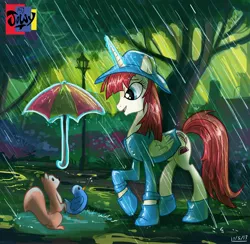 Size: 3508x3423 | Tagged: safe, artist:jowybean, derpibooru import, oc, oc:fausticorn, ponified, bird, animal, boots, clothes, coat, hat, high res, hoof boots, lauren faust, rain, storm, umbrella, wet