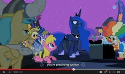 Size: 854x510 | Tagged: applejack, cherry berry, cloud kicker, derpibooru import, luna eclipsed, mayor mare, princess luna, safe, screencap, star swirl the bearded, sunshower raindrops, twilight sparkle, youtube caption