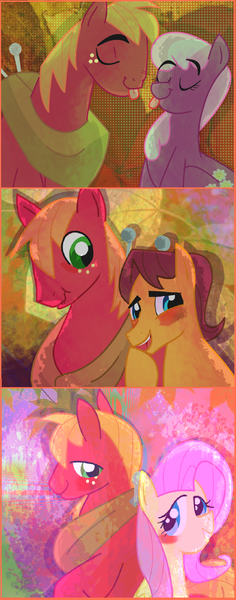 Size: 880x2241 | Tagged: safe, artist:darkwingsnark, derpibooru import, big macintosh, caramel, cheerilee, fluttershy, earth pony, pony, bisexual, caramac, cheerimac, fluttermac, gay, male, shipping, stallion, straight