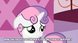 Size: 622x348 | Tagged: suggestive, derpibooru import, edit, edited screencap, screencap, sweetie belle, unicorn, caption, female, filly, implied scat, meme, night shift nurses, question, sweetiepoo, vulgar