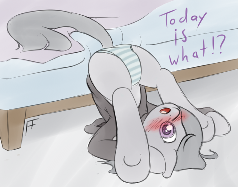 Size: 1013x795 | Tagged: artist:fearingfun, bed, blushing, blushing profusely, clothes, cute, dialogue, female, hoodie, marble pie, panties, piledriver, plot, solo, solo female, striped underwear, suggestive, underhoof, underwear, upside down