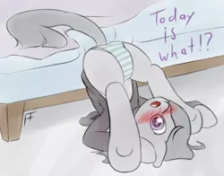 Size: 1013x795 | Tagged: artist:fearingfun, bed, blushing, blushing profusely, clothes, cute, dialogue, female, hoodie, marble pie, panties, piledriver, plot, solo, solo female, striped underwear, suggestive, underhoof, underwear, upside down