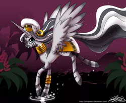 Size: 1200x984 | Tagged: alicorn, alicornified, artist:johnjoseco, derpibooru import, female, flying, grin, hat, lidded eyes, looking at you, mare, race swap, safe, smiling, solo, sparkles, spread wings, water, wings, zebra, zebra alicorn, zecora, zecoracorn