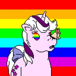 Size: 512x512 | Tagged: safe, derpibooru import, twilight sparkle, butterfly, pony, unicorn, bow, g1, insect on nose, looking at something, obsession, open mouth, pixel art, rainbow, solo, tail bow