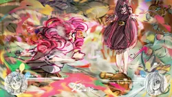 Size: 900x506 | Tagged: safe, artist:honeyodew, derpibooru import, pinkie pie, fighting is magic, action pose, duality, fight, humanized, parody, pinkamena diane pie