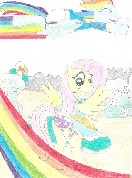 Size: 771x1037 | Tagged: artist:wjmmovieman, assisted exposure, bunny print underwear, clothes, derpibooru import, dress, embarrassed, embarrassed underwear exposure, fluttershy, humiliation, panties, prank, purple underwear, rainbow dash, skirt, skirt flip, suggestive, traditional art, underwear, upskirt