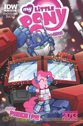 Size: 900x1366 | Tagged: safe, artist:tonyfleecs, derpibooru import, idw, official, pinkie pie, earth pony, pony, robot, idw micro series, spoiler:comic, awesome, comic, comic cover, confused, cosplay, cover, crossover, duo, female, hasbro, mare, optimus prime, ponkimus prime, transformers, variant cover