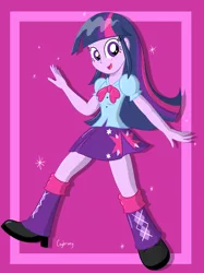 Size: 1936x2592 | Tagged: safe, artist:thebrokencog, derpibooru import, twilight sparkle, equestria girls, clothes, female, happy, open mouth, skirt, solo
