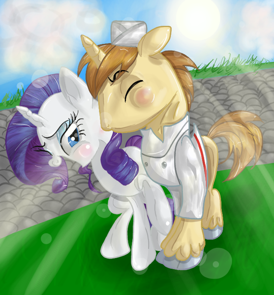 Size: 667x719 | Tagged: artist:lovelye, blushing, derpibooru import, donut joe, female, kissing, male, rarijoe, rarity, safe, shipping, straight