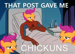 Size: 528x384 | Tagged: 60s spider-man, bed, chickun, derpibooru import, exploitable meme, forced meme, meme, safe, scootachicken, scootaloo, spider-man