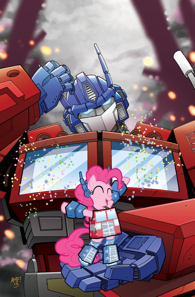 Size: 755x1147 | Tagged: artist:tonyfleecs, cameo, clean, comic, costume, cover, crossover, derpibooru import, idw, official, optimus prime, pinkie pie, ponkimus prime, safe, spoiler:comic, transformers