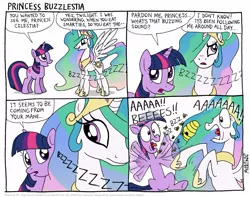 Size: 1065x841 | Tagged: safe, artist:kturtle, derpibooru import, princess celestia, twilight sparkle, alicorn, bee, unicorn, beehive, comic, flailing, mane, panic, panicking, scared, smiling, unicorn twilight