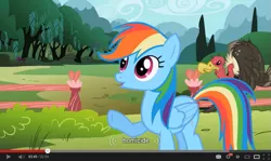 Size: 853x510 | Tagged: buzzard, derpibooru import, homicide, may the best pet win, rainbow dash, safe, screencap, solo, youtube caption