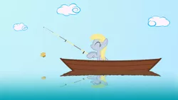 Size: 1920x1080 | Tagged: safe, artist:galekz, derpibooru import, derpy hooves, pegasus, pony, female, fishing, mare, muffin, solo