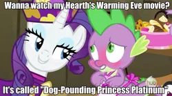 Size: 631x351 | Tagged: suggestive, derpibooru import, edit, edited screencap, screencap, rarity, spike, dragon, pony, unicorn, dragon quest, apron, bedroom eyes, blushing, caption, clothes, dress, female, food, hub logo, image macro, implied sex, male, mare, meme, naked apron, rarity's bad pickup lines, shipping, sparity, straight, text