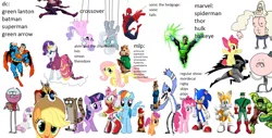 Size: 1280x650 | Tagged: alvin, alvin and the chipmunks, alvin seville, amy rose, apple bloom, applejack, batman, benson, cape, chipmunk, clothes, collage, crossover, cutie mark crusaders, derpibooru import, diamond tiara, dress, fluttershy, green arrow, hawkeye, mane six, miles "tails" prower, mordecai, mordecai and rigby, pinkie pie, pops, quality, rainbow dash, rarity, regular show, rigby, safe, scootaloo, silver spoon, simon, simon seville, skips, sonic the hedgehog, sonic the hedgehog (series), spider-man, superhero, superman, sweetie belle, the incredible hulk, theodore, theodore seville, thor, twilight sparkle