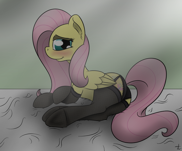 Size: 1600x1325 | Tagged: artist:thexiiilightning, bedroom eyes, blushing, clothes, derpibooru import, female, fishnets, fluttershy, frilly underwear, panties, plot, socks, solo, solo female, stockings, suggestive, underhoof, underwear